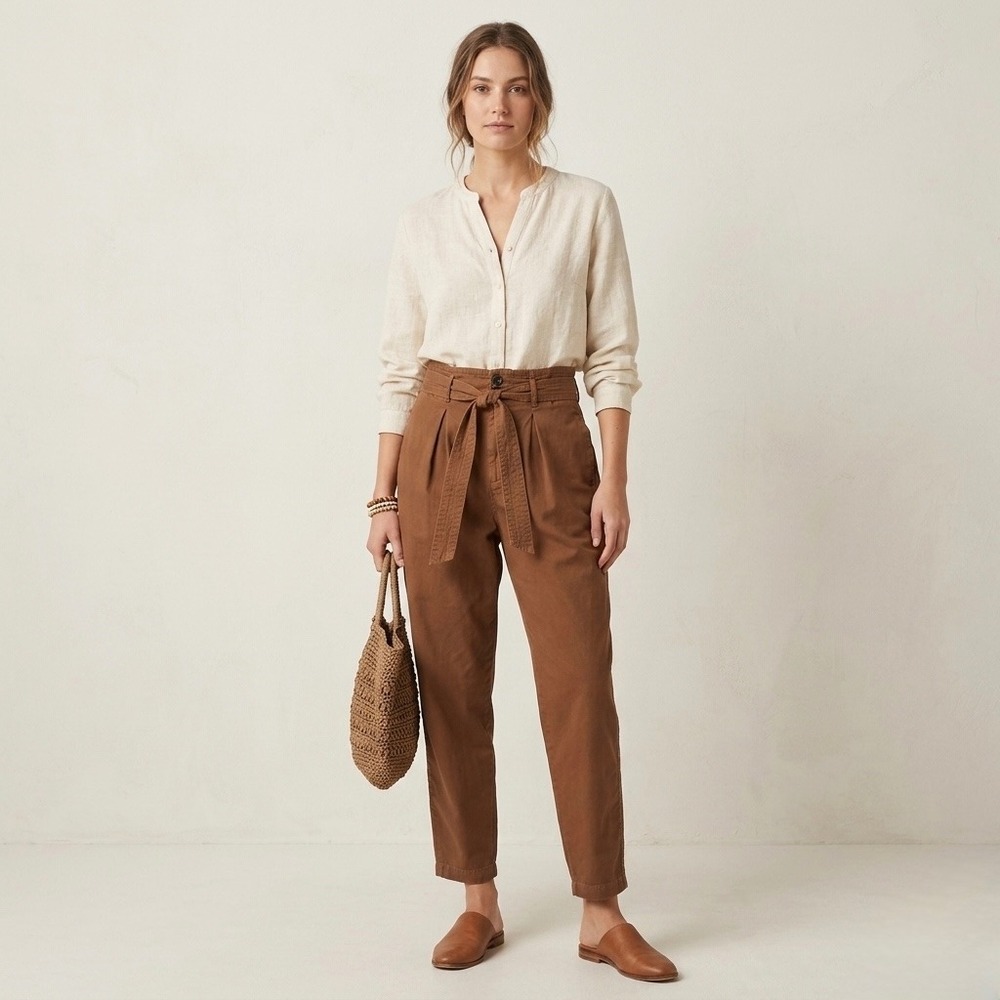 Free People Margate Paperbag Pleated Trouser Pants Brown Cotton High Rise Size 8